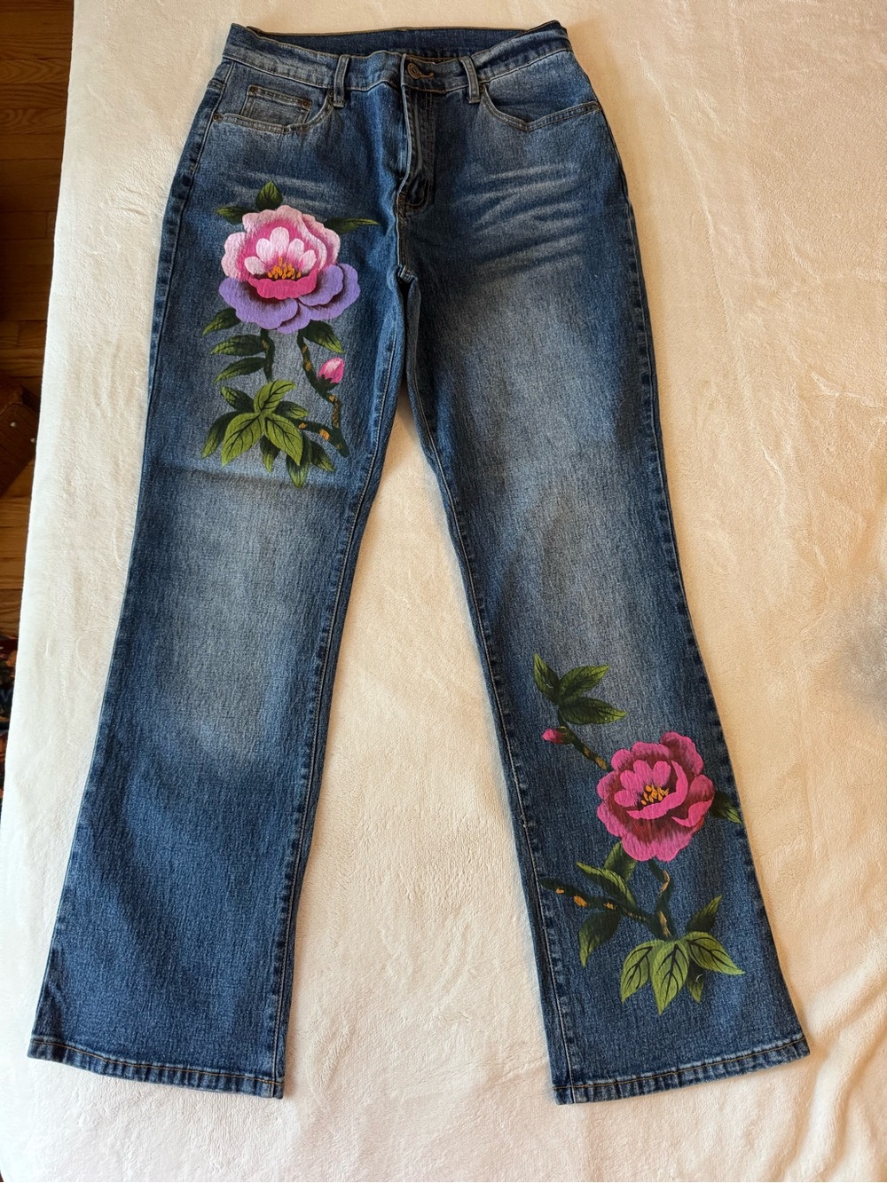 DG2 Distressed Blue Boot Cut Jeans w Printed Pink Floral Detail - Mint Condition